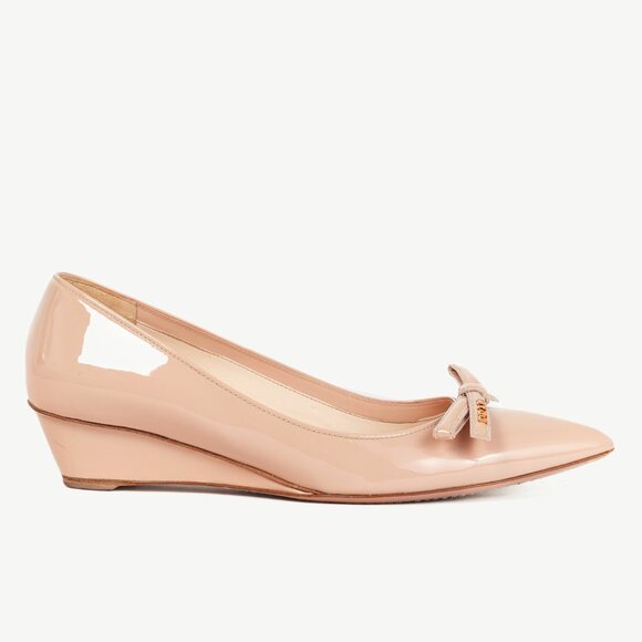 Prada Blush Vernice Bow Pointed-Toe Wedges - Picture 1 of 9